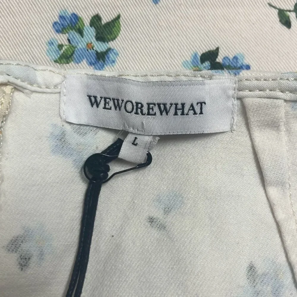 Revolve Weworewhat Ivory Blue‎ Floral Cut Out Belted Mini Denim Skirt Large NWT